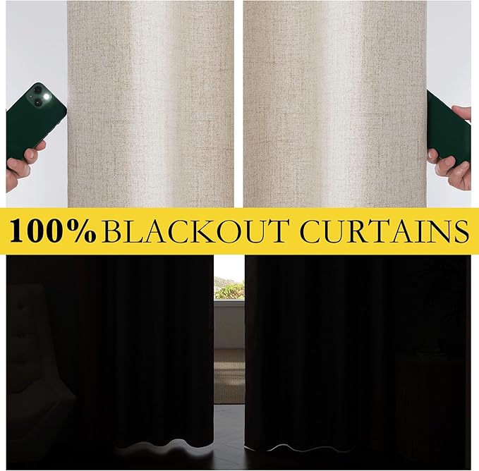 NICETOWN Natural Thick Linen Blend 100% Blackout Curtains with Grey Liners, Rod Pocket Back Tab Thermal Insulated Flax Textured Full Blackout Window Draperies for Kitchen (2 Panels, 42" W by 63" L)