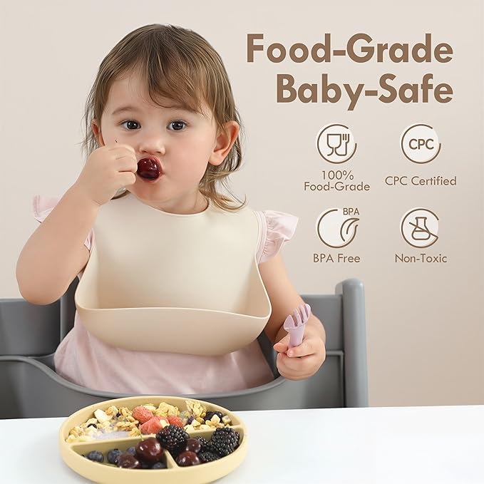 Moonkie Suction Plates for Baby | 100% Silicone BPA-Free Baby Plates with Lids and Food Cover | Divided Design | Microwave and Dishwasher Safe | Toddler Plates 3 Pack