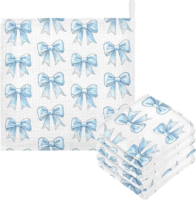 vvfelixl Light Blue Silk Bow Baby Burp Cloths Baby Muslin Washcloths for Boys Girls Cotton Babys Face Towel for Newborn Infants Soft and Absorbent 11.8 X 11.8 in, 5 Pack