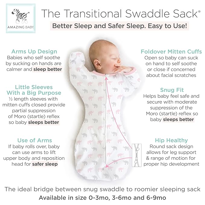 Amazing Baby Transitional Swaddle Sack, Arms Up Half-Length Sleeves & Mitten Cuffs, Swaddle for Newborn Transition to Baby Sleep Sack Wearable Blanket, Small, 0-3 month, 6-14 lb, Pink Tiny Elephants