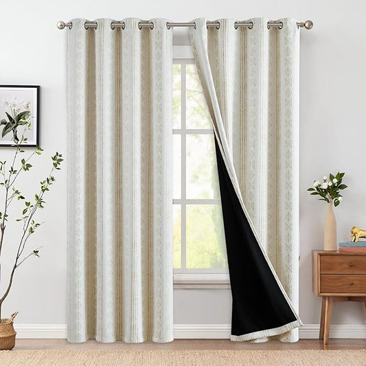jinchan 95% Blackout Boho Curtains 84 Inch Longes for Bedroom Beige Geometric Printed Grommet Top Room Darkening Thermal Insulated Window Drapes 2 Panels