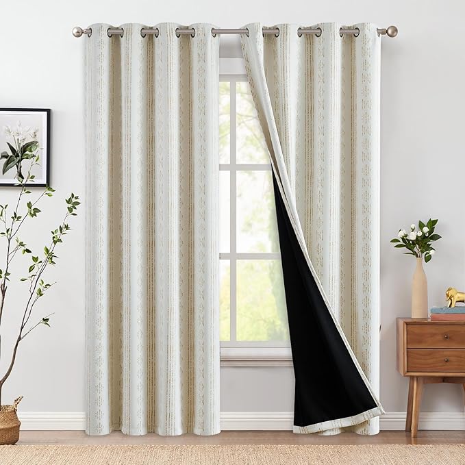jinchan 95% Blackout Curtains Boho Curtains for Bedroom Living Room 90 Inch Long Grommet Top Thermal Insulated Beige Curtains Modern Room Darkening Drapes Window Curtain Set 2 Panels