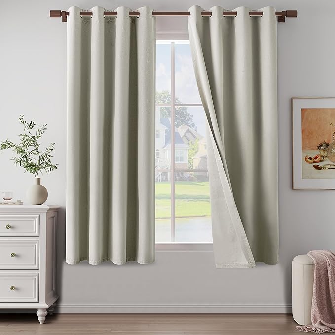 100% Blackout Linen Textured Curtains for Children's Room, Bedroom, Light Weight Curtains with Grommets Top, Full Blackout Curtains Privacy Protection, Natural Linen, 52" W x 63" L, 2 Panels