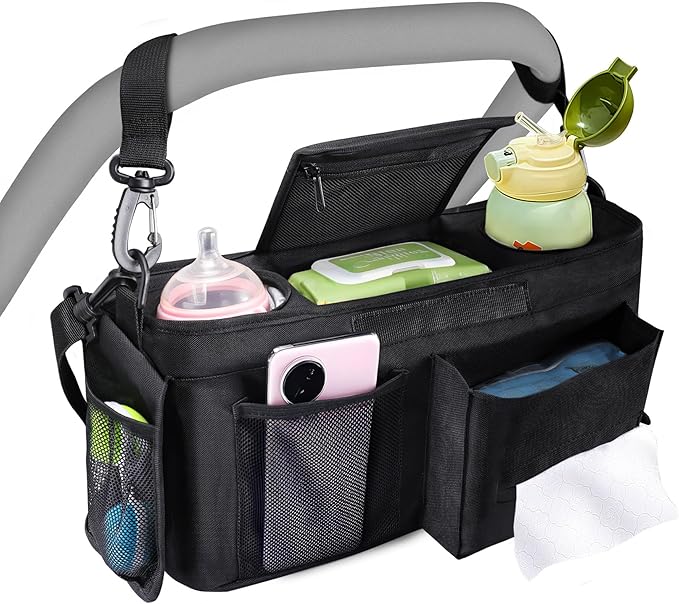 INFANZIA Universal Stroller Organizer with Insulated Cup Holders, Adjustable Stroller Caddy with Phone Bag & Shoulder Strap, Baby Stroller Accessories Fits for Uppababy, Doona, Jogger, Britax (Black)