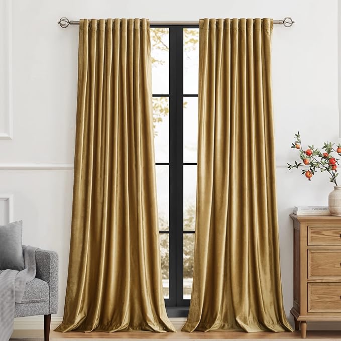 PRIMROSE Golden Velvet Curtains 102 inch Long for Living Room,Set of 2 Panels Blackout Rod Pocket Back Tab Window Treatment Room Darkening Heavy Decorative Curtains Drapes for Bedroom