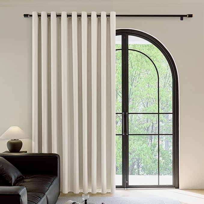 FMFUNCTEX 100% Beige Blackout Patio Sliding Glass Door Curtains 84 inch Length, Grommet Extra Wide Living Room Divider Curtains, Thermal Insulated Curtain Drapes for French Door/Bedroom 1 Panel