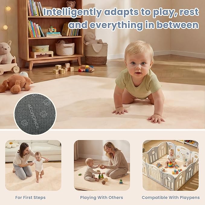 ACOMOPACK 1.3" Thick Baby Play Mat for Floor 59x71"-Large Water-Repellent&Non-Slip Memory Foam Mat for Kids,Toddlers,Soft Velvet Nursery Rug for Tummy Time&Crawling,Yoga,Tatami Style(Blush)