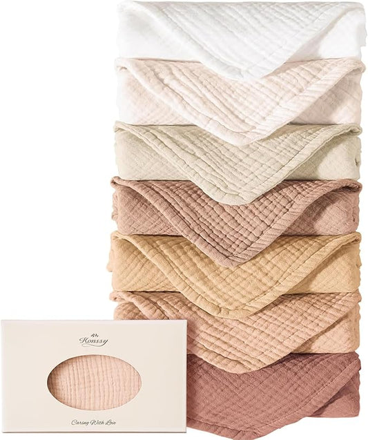 Konssy Muslin Baby Burp Cloths Sets for Unisex- 7 Pack Soft 100% Cotton Burping Clothes for Newborn，Baby Girls and Boys