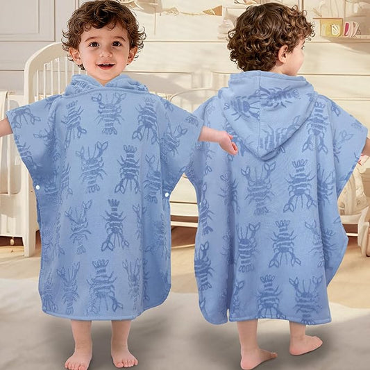 Toddler Bath Towels with Hood, Oversized (2-4Years,22"X22") Made from 100% Soft Cotton,Absorbent Hooded Poncho Towel for Baby Boy,Perfect for Pool | Swimming | Bath | Beach,Jacquard Blue Lobster