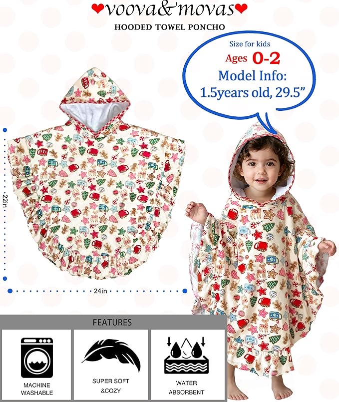 VOOVA & MOVAS Baby Hooded Towel Poncho with Ruffle Trim | Soft 100% Cotton | Absorbent Thick Towel for Bath, Swim, Beach & Winter | Cozy, Gingersnap