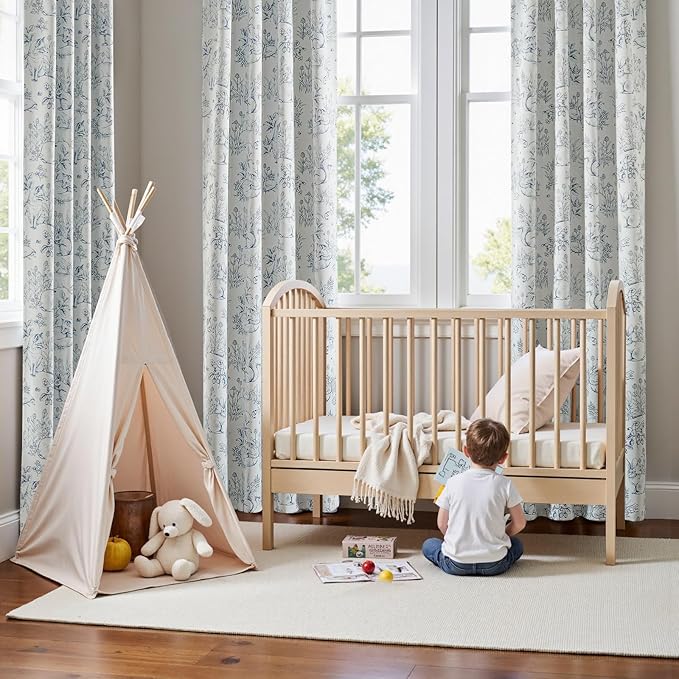 jinchan Blackout Nursery Curtains 84 Inches Long, Bunny Woodland Toile Curtains Blue on Beige Animal Printed Drapes for Bedroom Rod Pocket Thermal Insulated Farmhouse Window Treatment 2 Panels