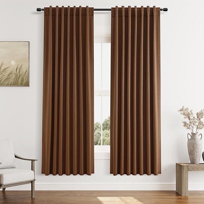Guken 100% Blackout Linen Curtains 72 Inch Length 2 Panels Set for Living Room Bedroom Back Tab Thermal Insulated Black Out Linen Drapes Room Darkening Window Curtains,Caramel Brown