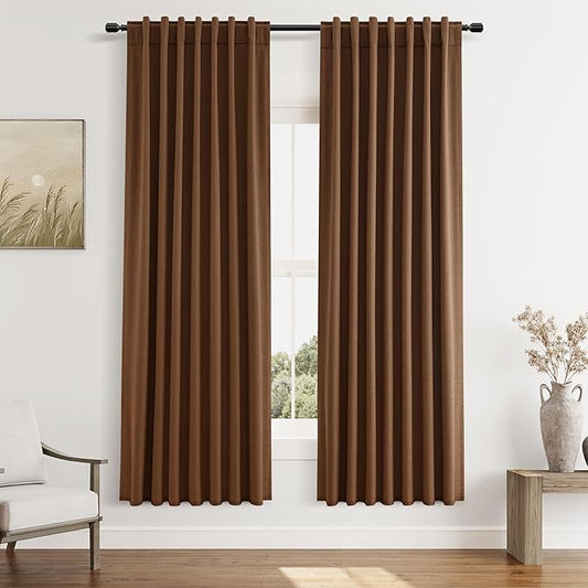 Guken 100% Blackout Linen Curtains 72 Inch Length 2 Panels Set for Living Room Bedroom Back Tab Thermal Insulated Black Out Linen Drapes Room Darkening Window Curtains,Caramel Brown