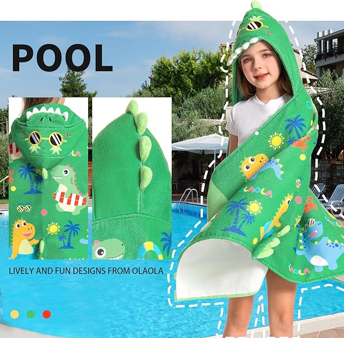 OLAOLA Dinosaur Beach Hooded Towel for Kids 3-12 Years, Soft Thick Absorbent Beach Towels, Toddler Bath Towel Wrap 28" x 53", Swim Pool Towels Poncho for Boys Girls