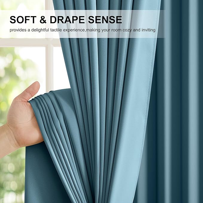 NICETOWN Smoky Blue 100% Blackout Curtains 2 Panels, 52W x 84L Inches, Double Layer Rod Pocket Back Tab Thermal Insulated Energy Efficient Drapes for Bedroom, Total Light Blocking Window Treament