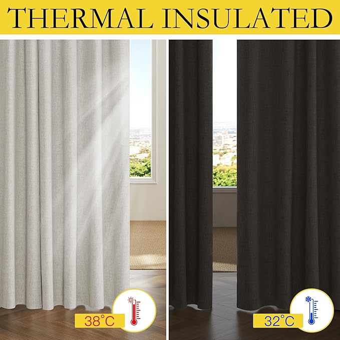NICETOWN Snowbound Vintage Linen 100% Blackout Curtains for Living Room, Thermal Insulated Curtains 84" Long, 52" Wide Per Panel, Set of 2, Noise Reducing Window Treatment Drapes for Hall Room