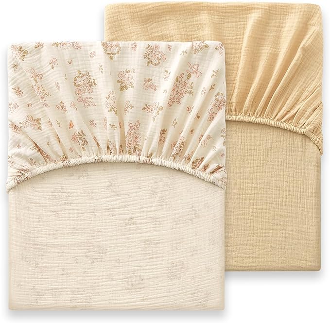 Heavyweight Muslin Baby Crib Sheets - 2PCS 52"x28" Neutral Fitted Crib Sheets for Boys Girls, Breathable Soft 100% Organic Cotton Standard Baby Mattress Sheet (Nature, Coffee)