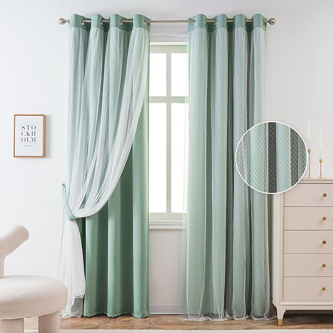 MYSKY HOME Curtains for Girls Bedroom & Nursery Kids Green Cute Curtains Double Layer with Polka Dots Sheer, Grommet Tops, 52x95 Inch Each Panel, 2 Panels