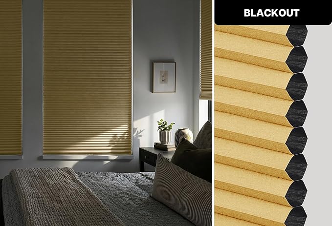 LazBlinds Cordless Cellular Shades, No Tools No Drill Blackout Honeycomb Shades Pleated Blinds for Windows, 26" W x 64" H, Yellowish-Brown