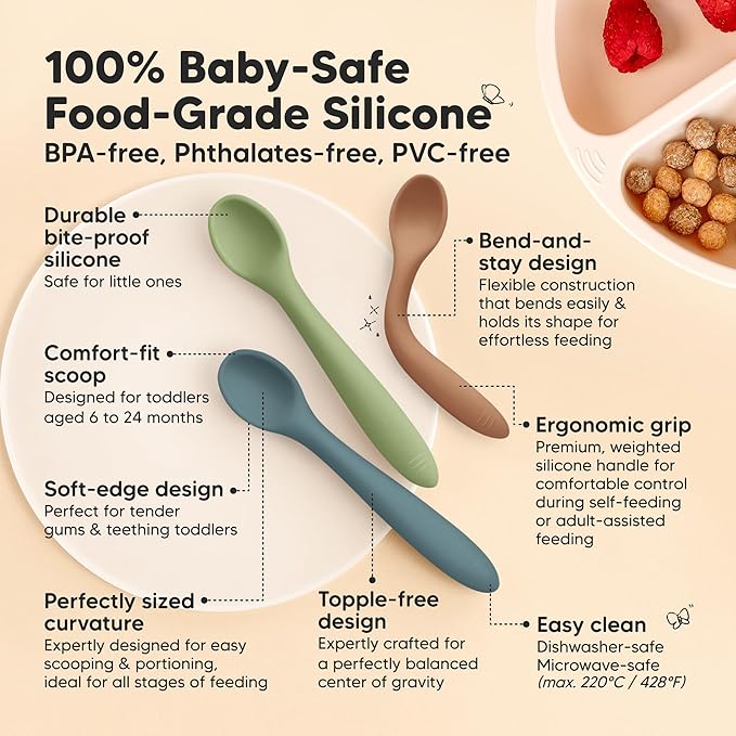 KeaBabies Silicone Baby Spoons, Self Feeding 6-12 months - 3-Pack Baby Weaning Eating Utensils, Toddler First Food Training Spoon, Infant, Kids Feeding Supplies Essential Set, Dishwasher-safe (Desert)
