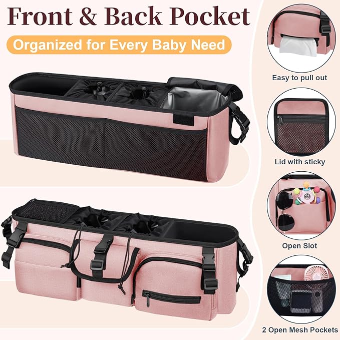 Double Stroller Organizer Compatible with Bob Duallie and Baby Jogger City Mini GT2, Double Baby Stroller Accessories with Cooler Bag, Parent Console Double Jogging Stroller Caddy, Pink
