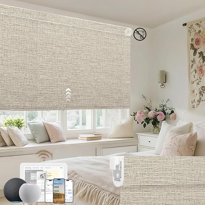 Kincmo No Drill Motorized Blinds with Remote, 100% Blackout Roller Shades for Windows, Custom Electric Blinds Compatible with Alexa, Apple Homekit, Google Home (100% Blackout Classic Sandy)