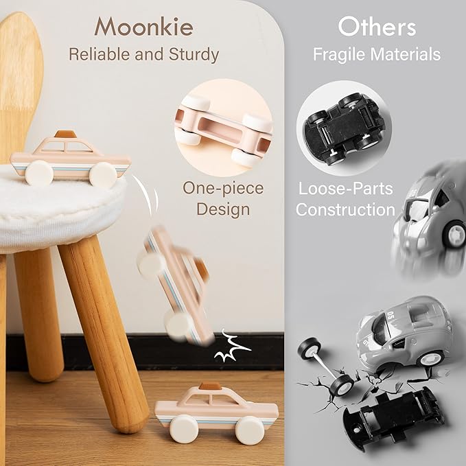 Moonkie Food Grade Silicone Toy Cars for Babies & Toddlers, Push and Go Baby Car Toys 6–12 Months, Baby Teething Toys 4–6 Months, One-Piece Design Infant Toys, Birthday Gifts for Boys & Girls, 3 Pack