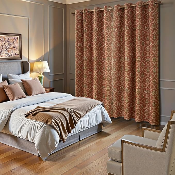 ColorBird Blackout Burnt Orange Floral Block Print Thermal Curtains for Winter Insulated 84 Inches Long Patterned Farmhouse Vintage Drapes for Bedroom Living Dining Room Window Treatments