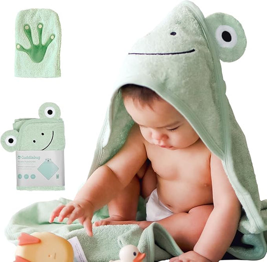 CuddleBug Premium Hooded Baby Bath Towel & Washcloth Set (Frog) - 100% Cotton Terrycloth Hooded Baby Towels for Newborn & Toddler, Super-Soft & Absorbent, Newborn Essentials (30" x 30") - Sage Green