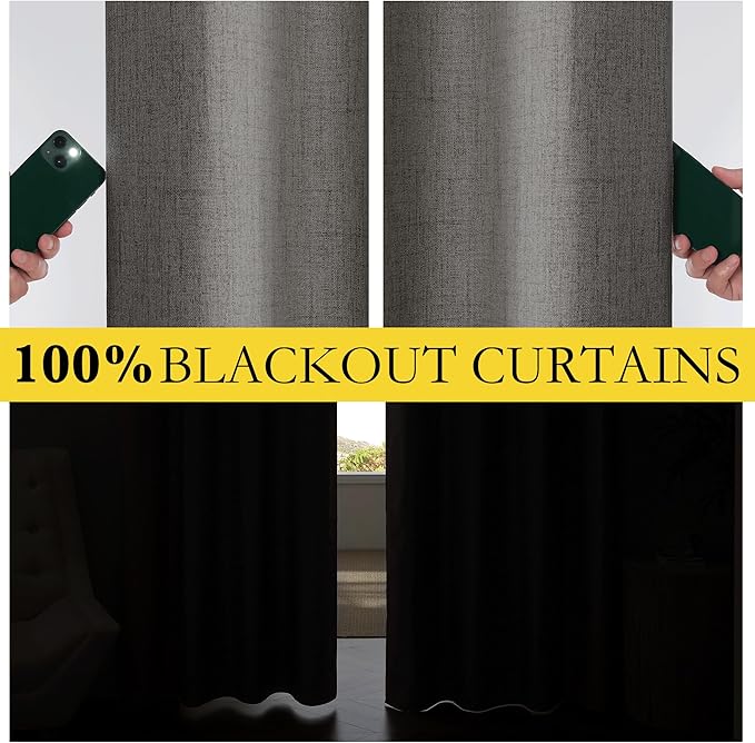 NICETOWN 100% Blackout Grizzle Gray Curtains 90 inches Long for Bedroom, Thermal Insulated Living Room Curtains with Gray Liner, 2 Panels, 52" W, Farmhouse Style Thick Linen Blend Window Draperies