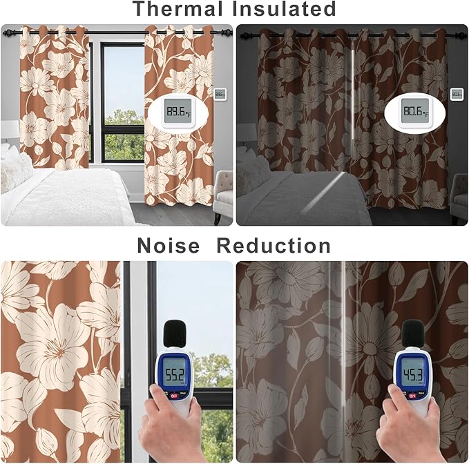 Floral Blackout Curtains for Bedroom and Living Room, Patterned Vintage Brown Bedroom Curtains 84 Inch Length 2 Panels Set, Grommet Thermal Room Darkening Drapes Soundproof and Maintain Privacy