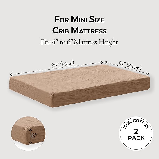 Dreamology Muslin Mini Crib Sheets, 100% Cotton Crib Sheets, 2 Pack, Soft, Crib Sheets Girls, Boys, Pack n Play Sheets, Crib Sheet, Pack and Play Sheets Fitted, 24x38 Mini Crib Sheets | Brown and Ecru