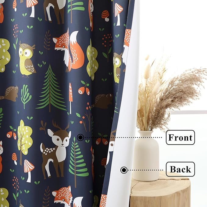 L.Z.E Navy Blue Kids Curtains for Bedroom Nursery, 85% Room Darkening Blackout Thermal Insulated Drapes for Boys Girls Room, Forest Animal Patterned Grommet Top 2 Panels Set, 52 x 63 Inch