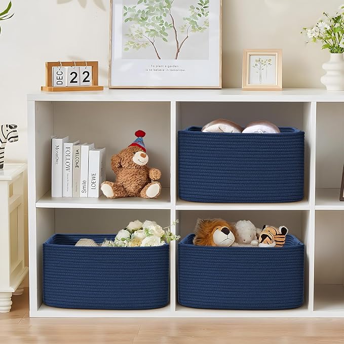2 Pack Large Storage Basket for Organizing, 17.5"x13.5"x7.5" Woven Basket for Shelves, Closet Cube Storage Bins with Wrapped Handle, Cotton Rope Baskets for Kitchen, Clothes, Toys(Navy Blue)