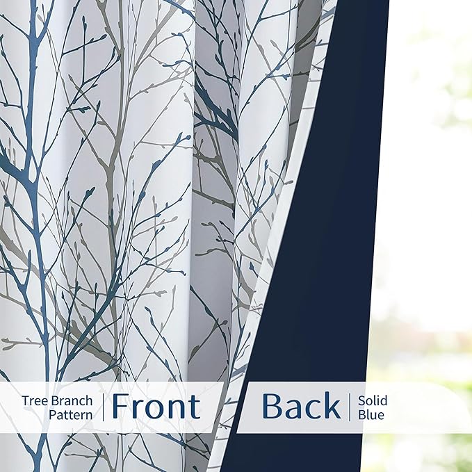 FMFUNCTEX 100% Blackout Curtains for Living Room Bedroom, Curtains 96 Inches Long Blue Grey Tree Branch Print Window Curtain Drapes, Thermal Insulated Farmhouse Curtains, Grommet Top 2 Panels