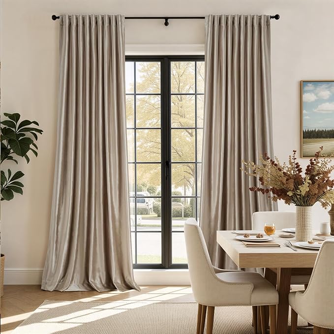PRIMROSE Blackout Taupe Velvet Curtains 108 inch Long for Living Room,Set of 2 Panels Liner Rod Pocket Back Tab Thermal Window Curtains Drapes Room Darkening Heavy Decorative Curtains for Bedroom