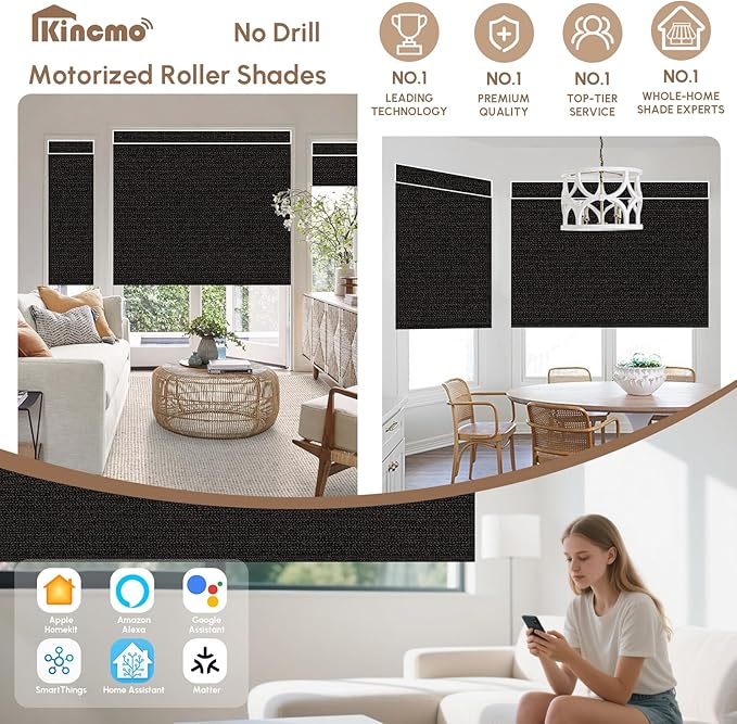 Kincmo No Drill Motorized Blinds with Remote, 100% Blackout Roller Shades for Windows, Custom Electric Blinds Compatible with Alexa, Apple Homekit, Google Home (100% Blackout Eclipse Black)
