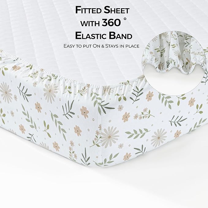 Dreamology Crib Sheets Cotton, 100% Cotton Fitted Crib Sheet, 2 Pack, Standard Crib Sheet, Cotton Crib Sheets fitted Girls,Boys,Crib Mattress Sheet,Toddler Bed Sheets, 28x52 Crib Sheet | Green,Flowers