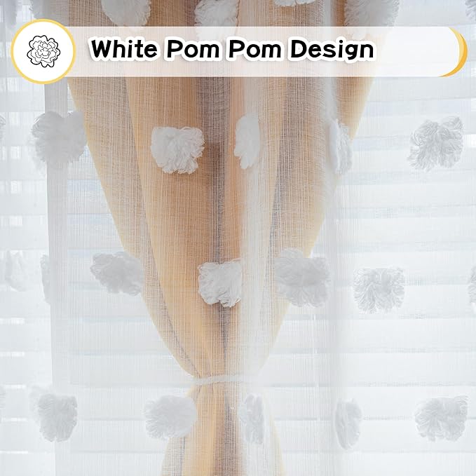 MYSKY HOME Nursery Curtains for Girl Room Yellow Curtains 72 Inches Long Pom Pom White Sheer Curtains for Kids Room Double Layer Toddler Bedroom Grommet Room Darkening Window Panels 52 x 72 Inch