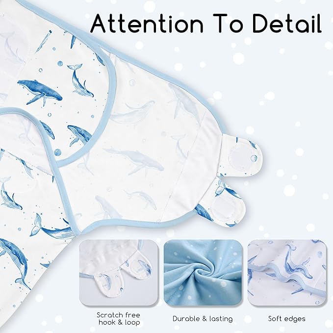 Baby Swaddles for Newborn Organic Cotton,Soft & Snug Newborn Velcro Swaddle 0-3 Months Sleep Sack Helps Calm Startle Reflex, 2-Pack Wrap Nursery Swaddling Blankets Whale