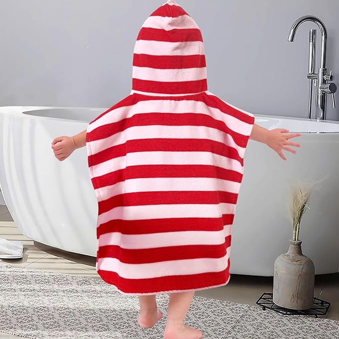 VOOVA & MOVAS Toddler Poncho Towels with Hood, Oversized (2-4Years,22"X22") Made from 100% Soft Cotton,Absorbent Hooded Towels for Baby Girl,Perfect for Pool | Swimming | Bath | Beach,Red Bar Stripe
