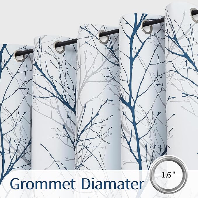 FMFUNCTEX 100% Blackout Patio Sliding Glass Door Curtains 96 Inch Long for Bedroom, Blue Grey on White Tree Branch Patterned Drapes for Living Room Divider, Extra Wide Thermal Insulated Panels