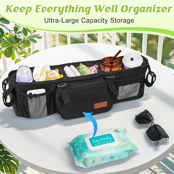 Guiseapue Double Stroller Organizer with 2 Insulated Cup Holders: Parent Console Double Jogging Stroller Accessories Fits for Baby Jogger City Mini GT2 and Jeep Double Stroller