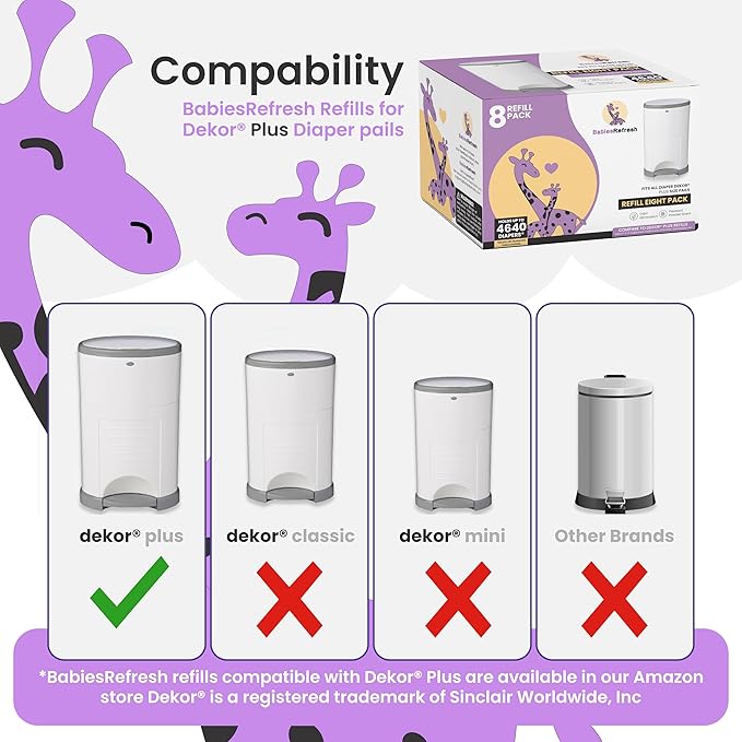 BabiesRefresh Refills Compatible with DEKOR PLUS Diaper Pail Refills | 8 Pack | Diaper Pail Odor Eliminator| Fresh Powder Scent | Each Diaper Bag Refill Holds up to 4640 Diapers | Diaper bin refill