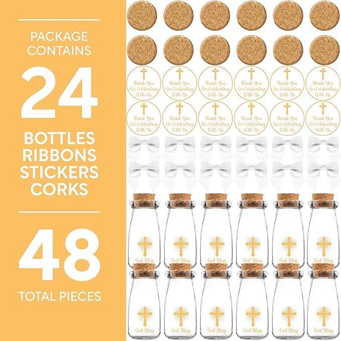 Ethisa Vintage 24 Pack Baptism Glass Bottles with Ribbons and Stickers - Classy God Bless Party Favors for Baptism and 1st Communion - Bautizo Table Centerpiece Decoration - Baby Christening Candy Jar