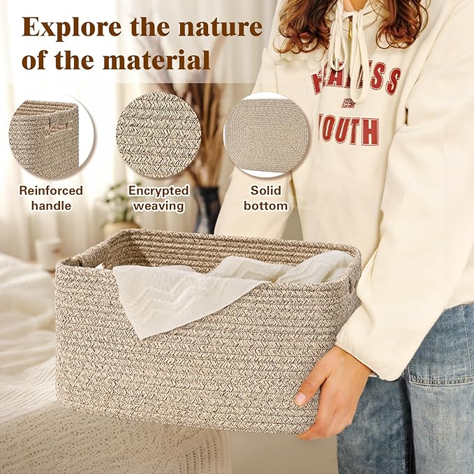 3 Pack Large Storage Basket for Organizing, 17.5"x13.5"x7.5" Woven Basket for Shelves, Closet Cube Storage Bins with Wrapped Handle, Cotton Rope Baskets for Kitchen, Clothes, Toys(Natural)