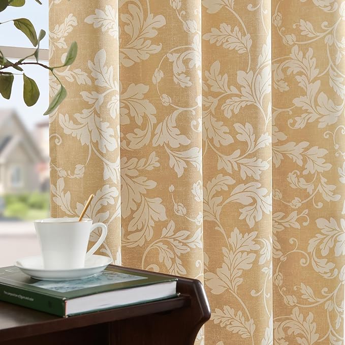 jinchan 75% Blackout Curtains for Bedroom, Brown Scroll Leaf Patterned Curtains 63 inch Length for Living Room, Farmhouse Vintage Drapes, Thermal Insulated Window Treatments, Grommet 2 Panels Brown