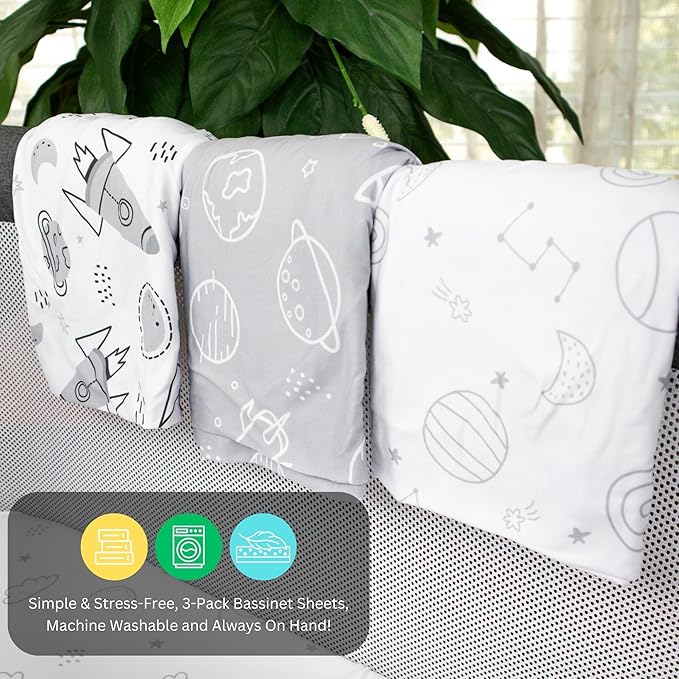 Bassinet Sheets for Airclub, AMKE, LovliTod Baby, Bonbay, Bellababy Bedside Bassinet Sleeper by TansyPanda, 3PC, 20x33 Inch, Ultra Soft, Breathable, Snug Fit, Unisex Boys, Girls, Gray (Space Rockets)