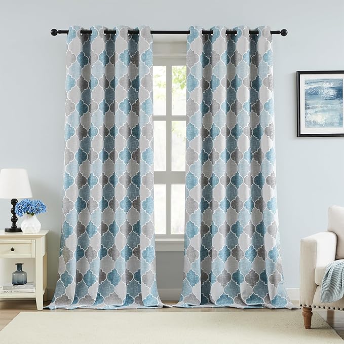 Full Blackout Geometric Print Curtains 84 Inches Long 2 Panels Gray Blue Moroccan Drapes Room Darkening Thermal Insulated Grommet Top Window Treatments Sets for Bedroom Living Room, 52" W
