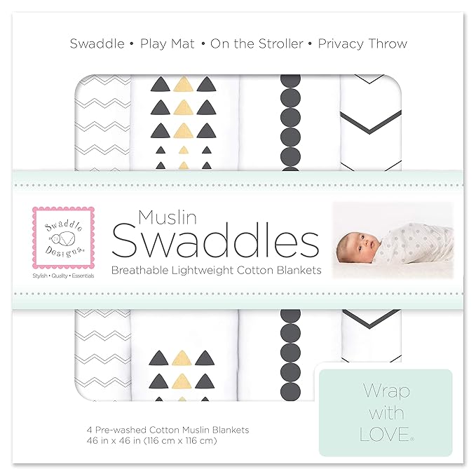 SwaddleDesigns Cotton Muslin Swaddle Blankets, Set of 4, Receiving Blankets for Baby Boys & Girls, Best Shower Gift, 46x46 inches, Gold & Graphite